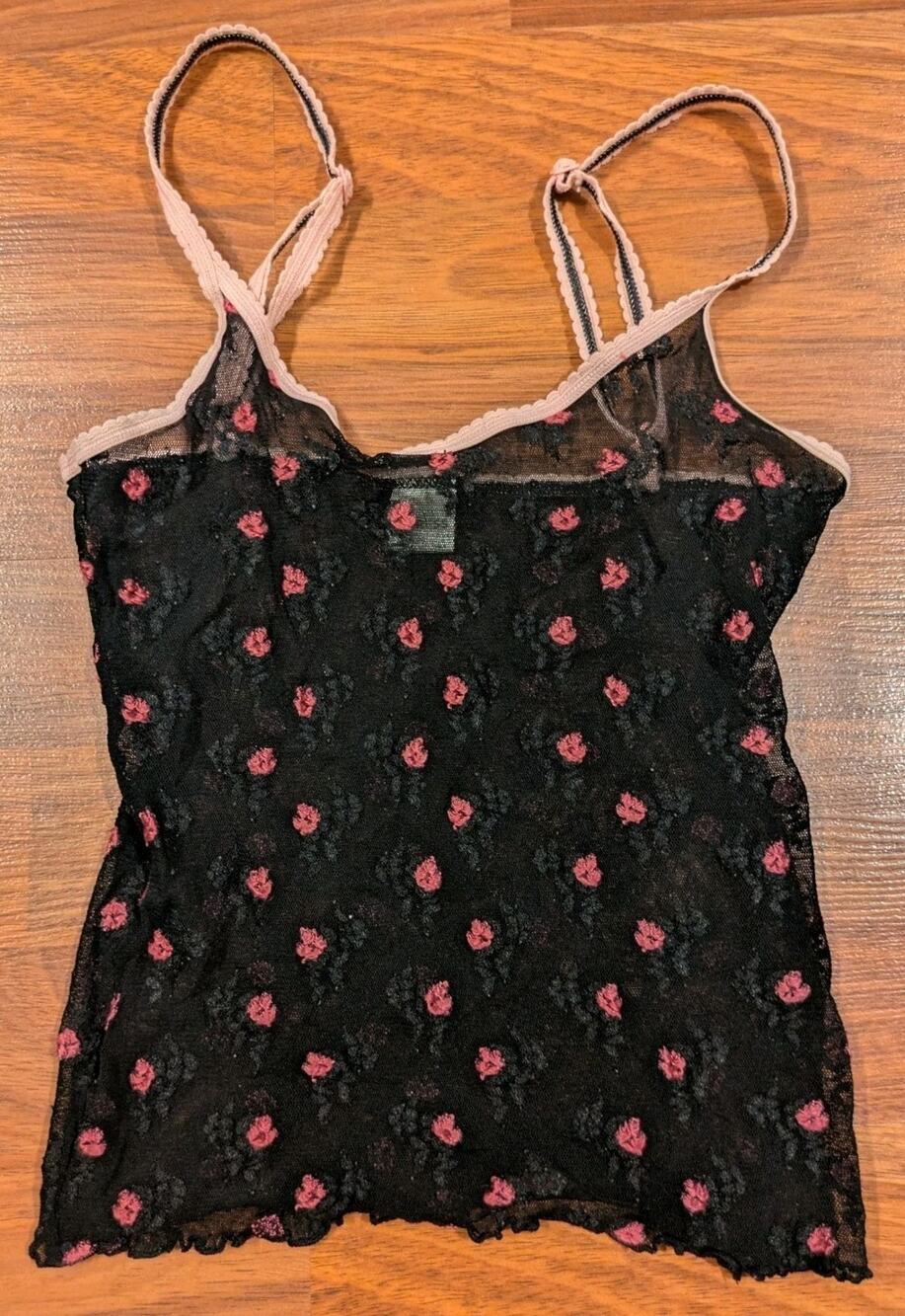 Vintage Y2K Express XS Black Lace Floral Sheer Cami Tank Top Pink Roses